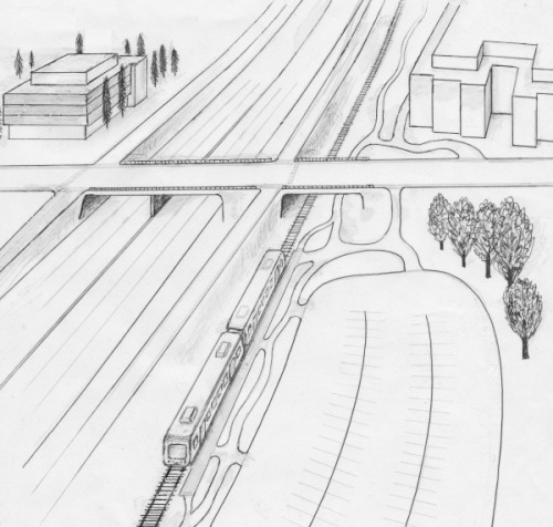 drawing showing aerial view of two-car train at 40th St. park and ride lot